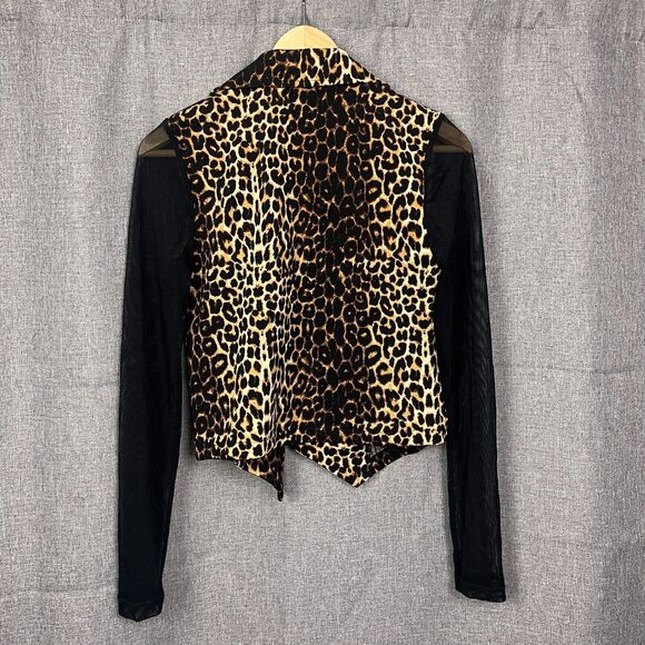 Leopard Print Cropped Shirt Top Zipper Sheer Sleeves Edgy Rocker Chic Glam S - Picture 2 of 3